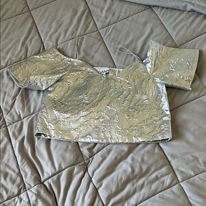 Ganni Metallic Silver Cropped Top